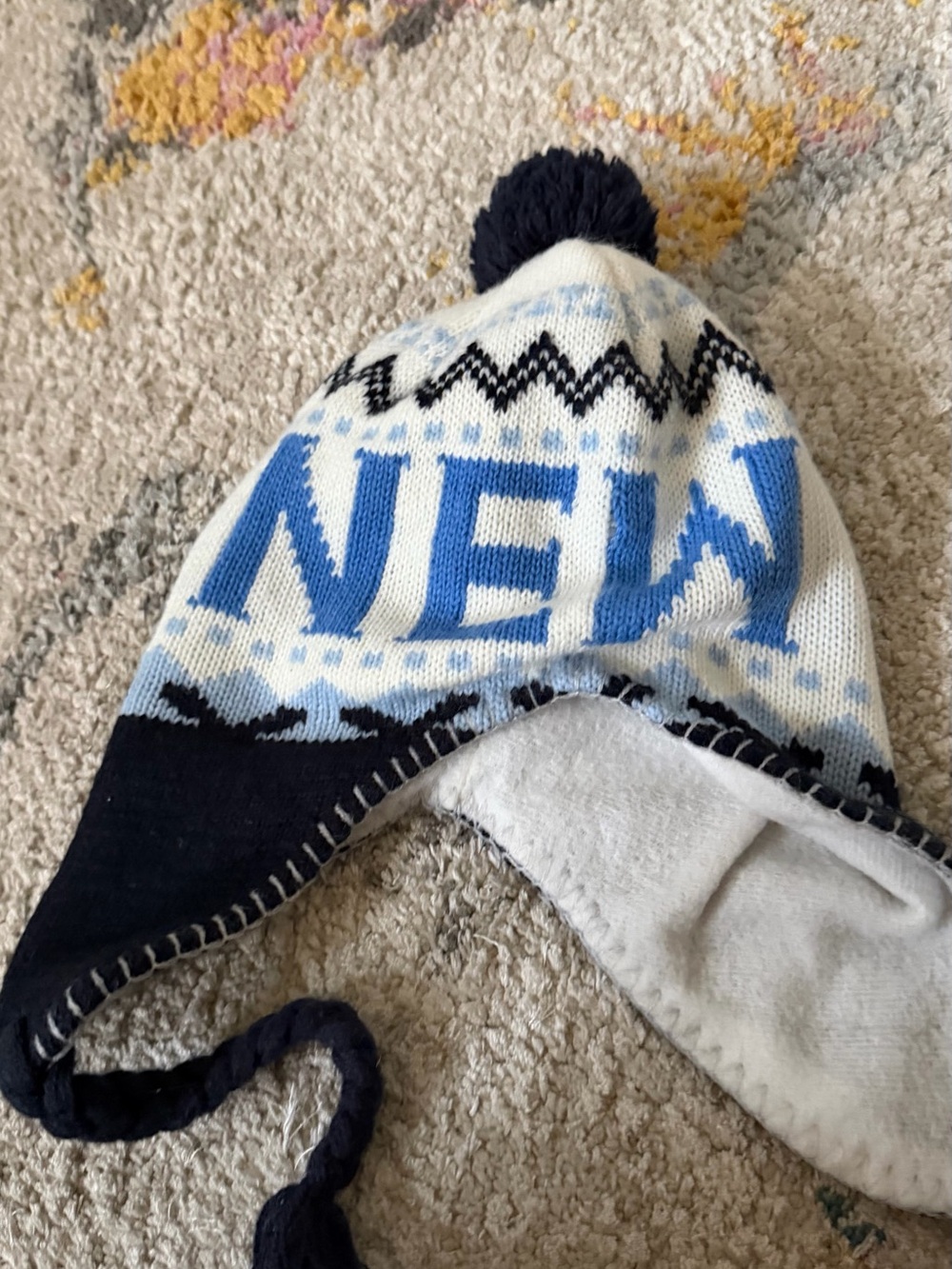 Kids Knit Pom Pom Earflap Hat in Blue and White